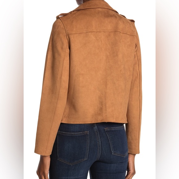 Tahari Faux Leather Moto Jacket Size M Camel Tobacco Brown Suede Open Front NEW - Picture 4 of 13